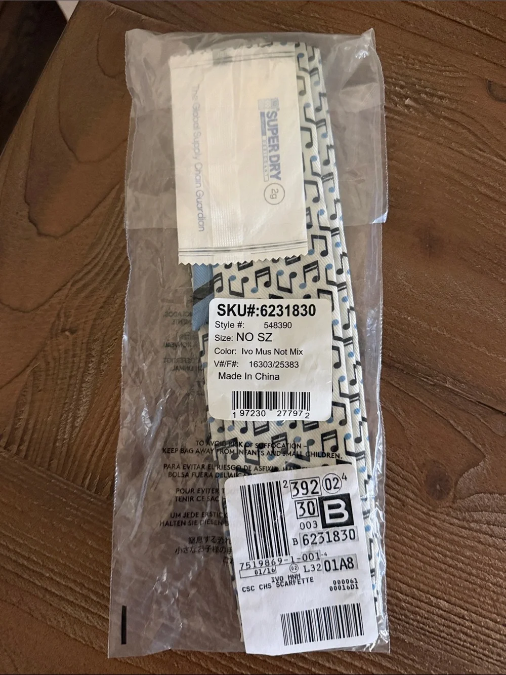 Lands' End White Scarf with Black, white, blue Music Note Pattern